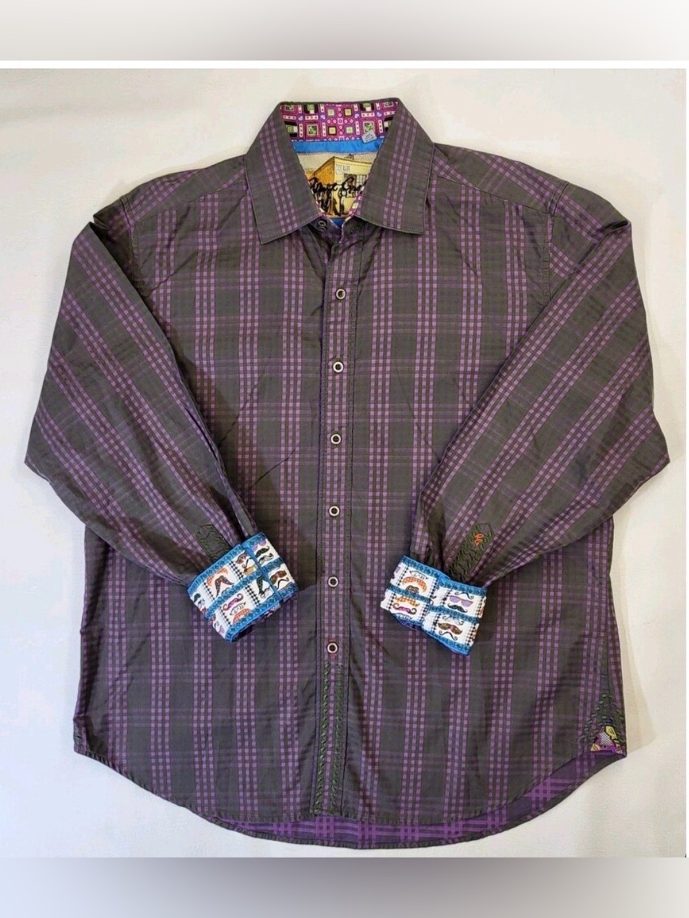 ROBERT GRAHAM PURPLE limited edition SHIRT MUSTACHE FLIP CUFFS Sz L